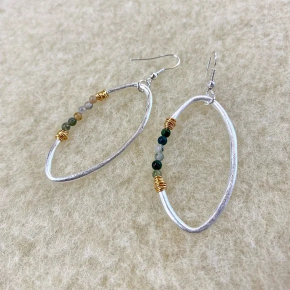 Wire Silver Gold Green Stone Jade Style Art Dangle Earrings Fashion Hoops - Picture 2 of 3